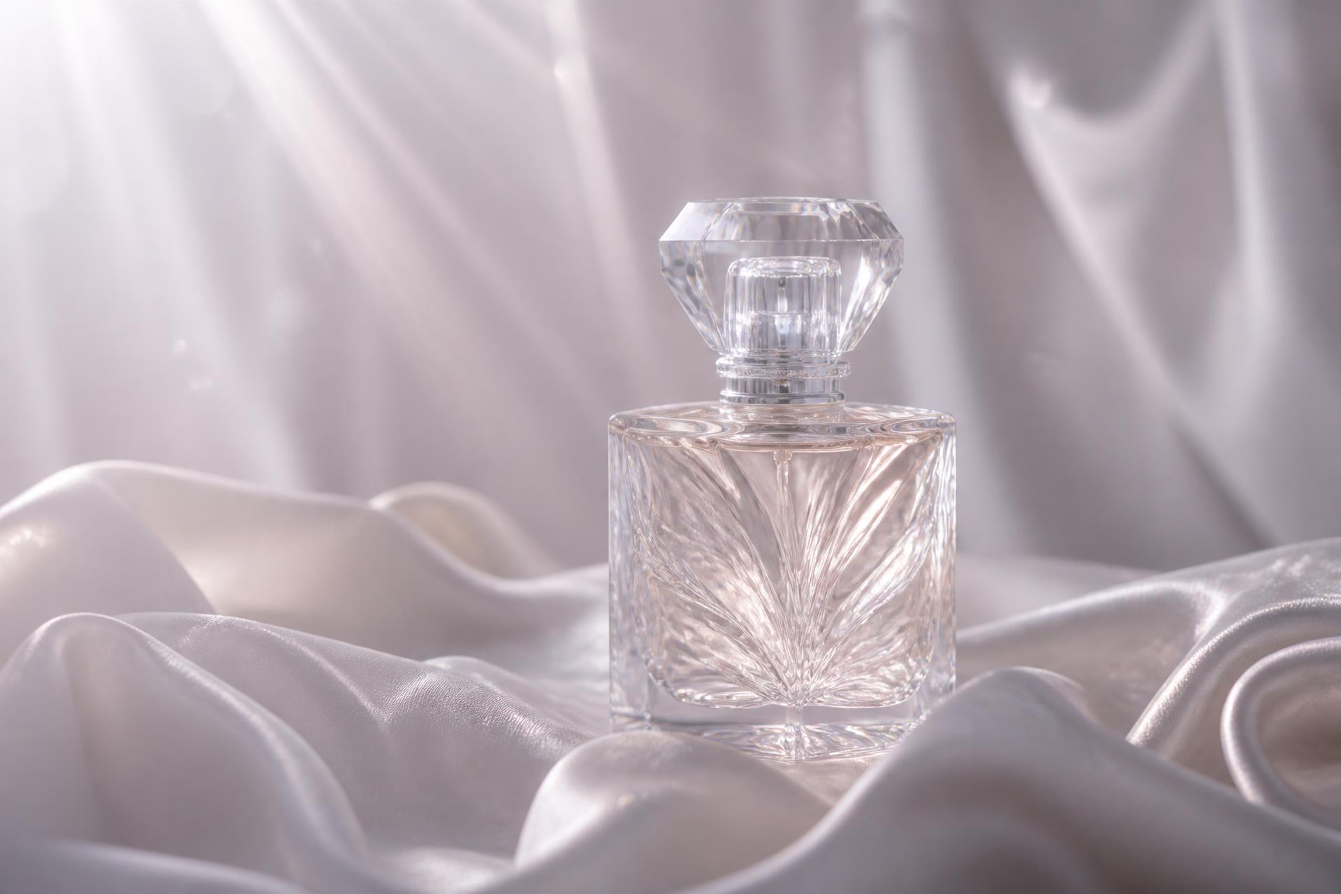 Crystal fragrance decanter on pale grey silk